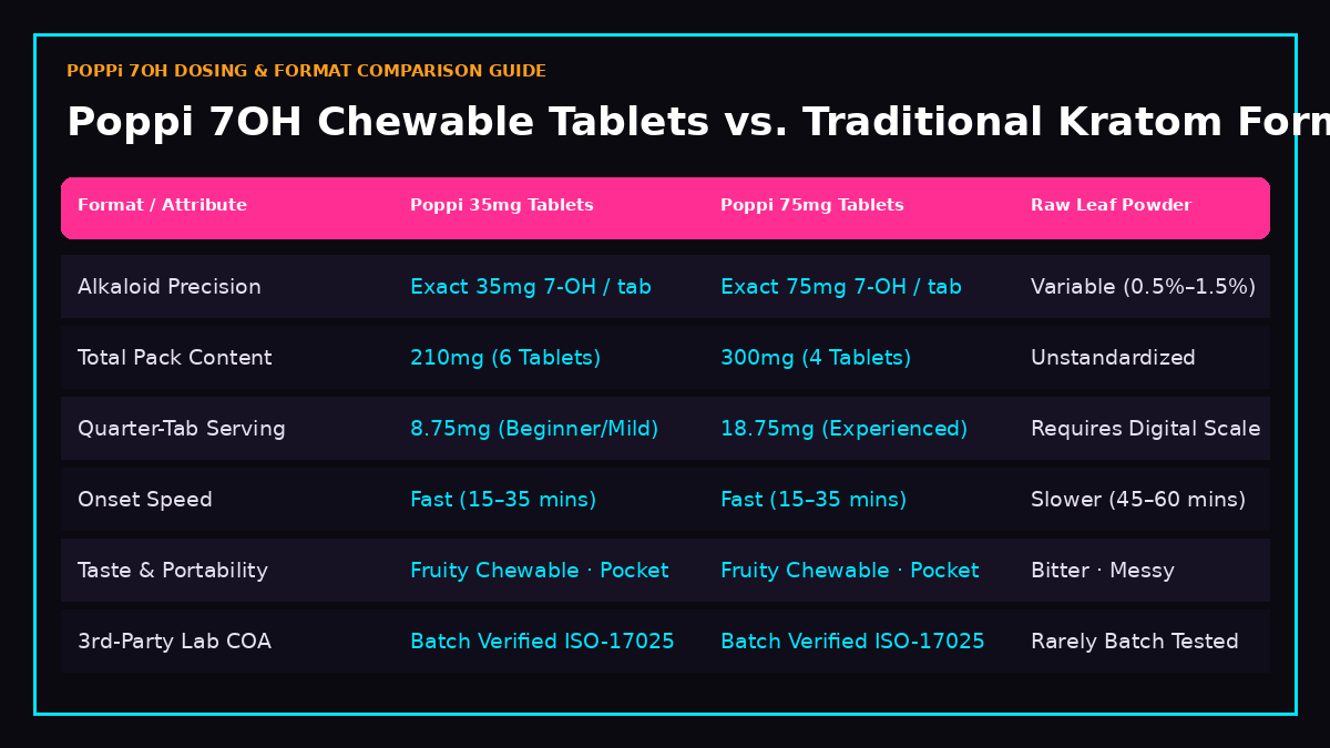 Poppi 7OH FAQ — Dosing and format comparison guide
