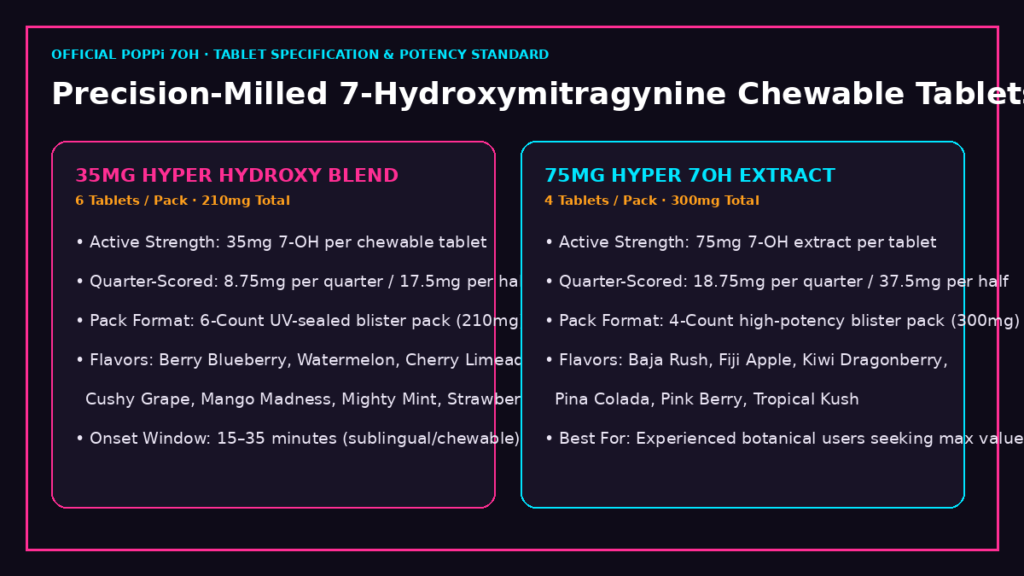 Poppi 7OH Tablets Specification Chart — 35mg Hyper Hydroxy vs 75mg Extract Tablets
