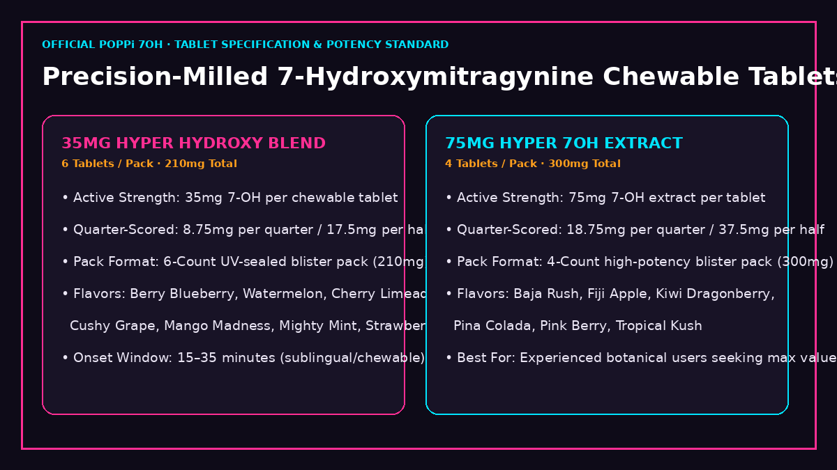 Poppi 7OH FAQ — Tablet specification and milligram breakdown